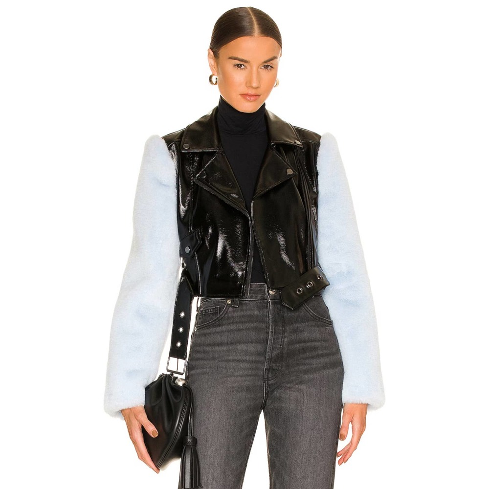 NWT Camila Coelho Florencia Moto Jacket in Blue & Black Patent Leather Faux Fur